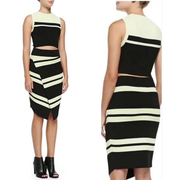 A.LC. Clift Wrap Front Pencil Bandage Skirt Sz Small Black Striped Cream - Picture 2 of 7